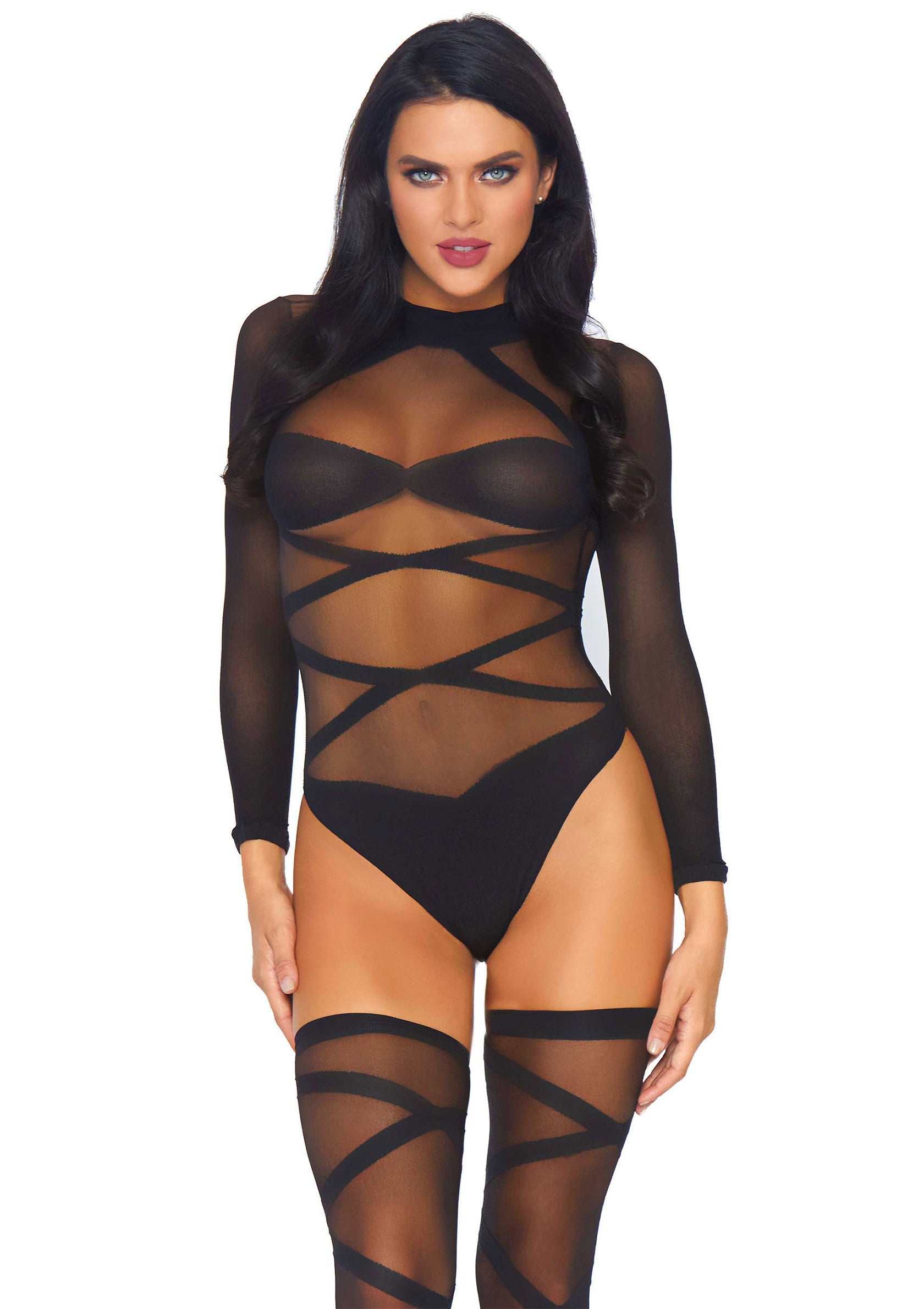 8baf8b93ba3f435860c4b456c458a388_28697-0.jpg Opaque Criss Cross Bodysuit and Thigh Highs - Afbeelding 1
