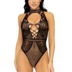 Net and Lace Keyhole Halter Bodysuit